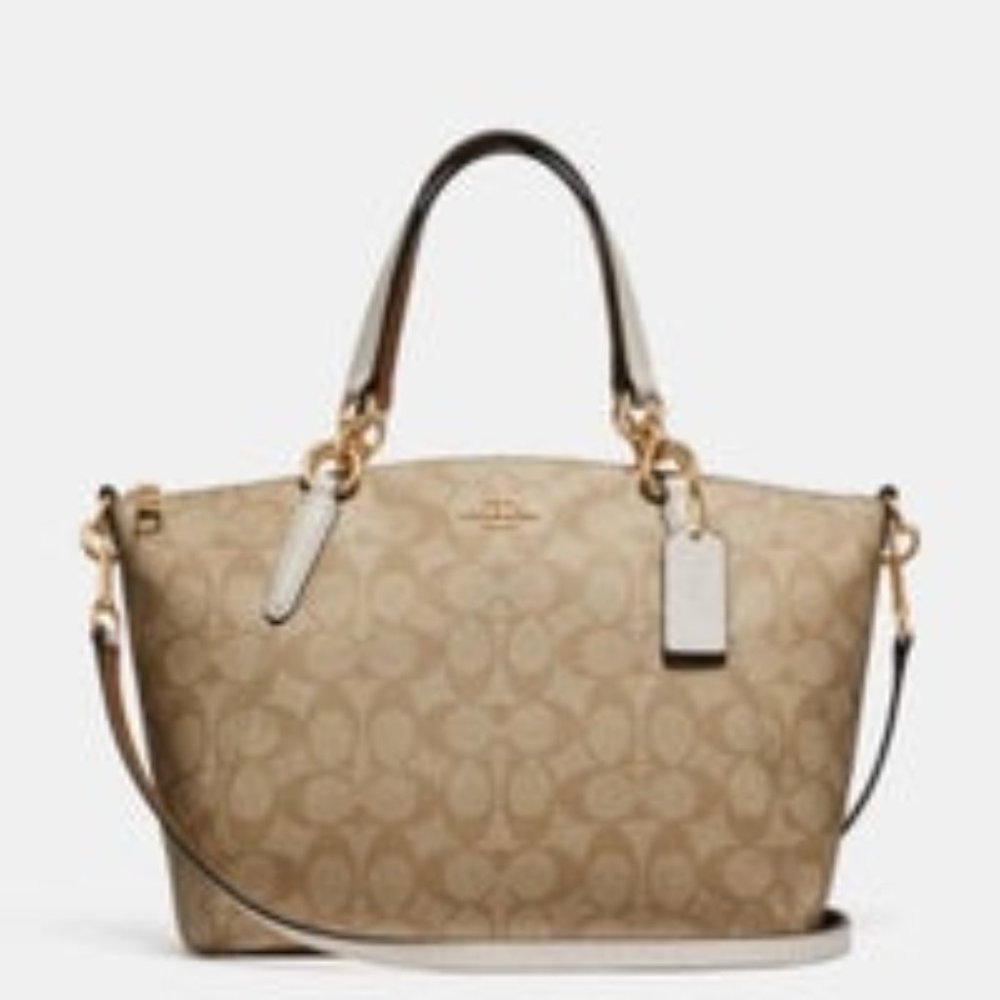 Coach Small Kelsey Beige/White Signature Canvas Tote Satchel